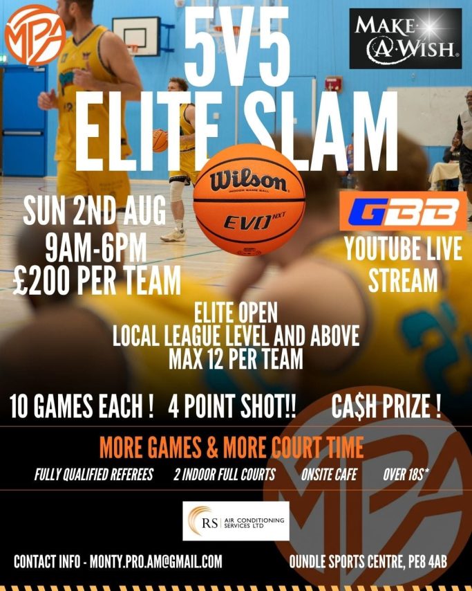 Basketball Elite Sun 2nd Aug - 8/12 (4 Spaces Left!) Basketball tournament poster for a 5v5 event on 2nd August with cash prizes and livestream.